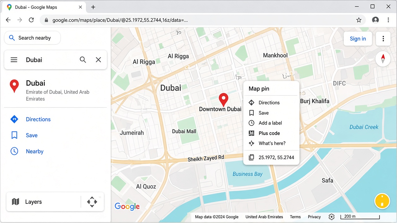 Google Maps right-click menu showing coordinates