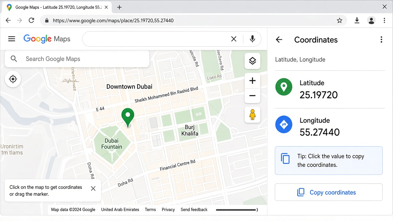 Google Maps showing latitude and longitude values